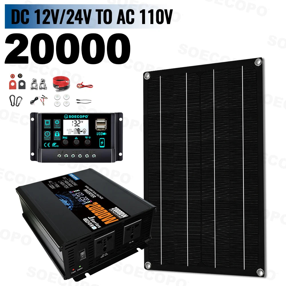 SOECOPO 20000W Inverter(2 sockets) Complete Solar System Set 600W Solar Panel 100A Controller for Home Camping Emergency Use Zpaxo 12V 24V To 110V 60Hz