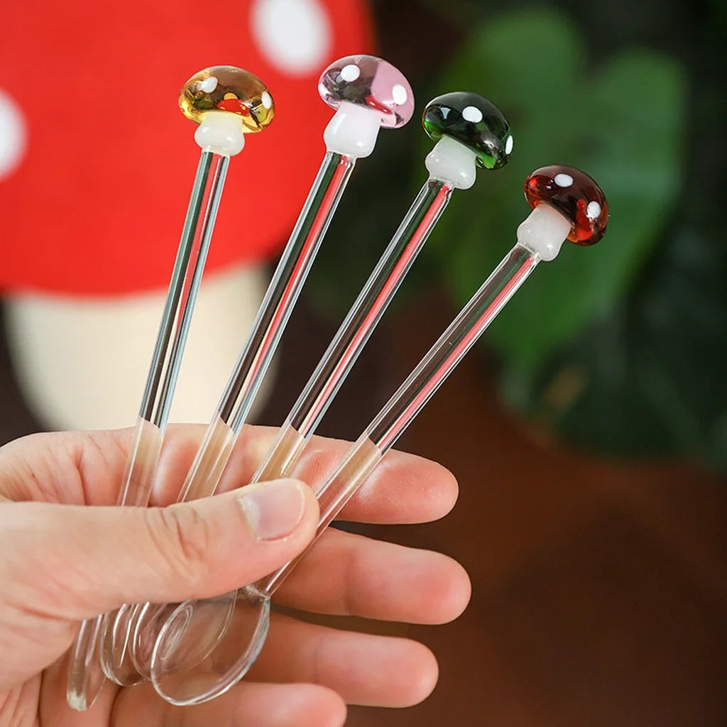 3D Mushroom Glass Spoon – Heat-Resistant Coffee & Tea Stirrer