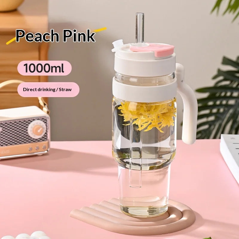 2026 New 1000ml Cross Border Popular Large Capacity Flower Tea Cup, Straw Glass Cup, High Borosilicate Car Ice Cream Cup Zpaxo Pink