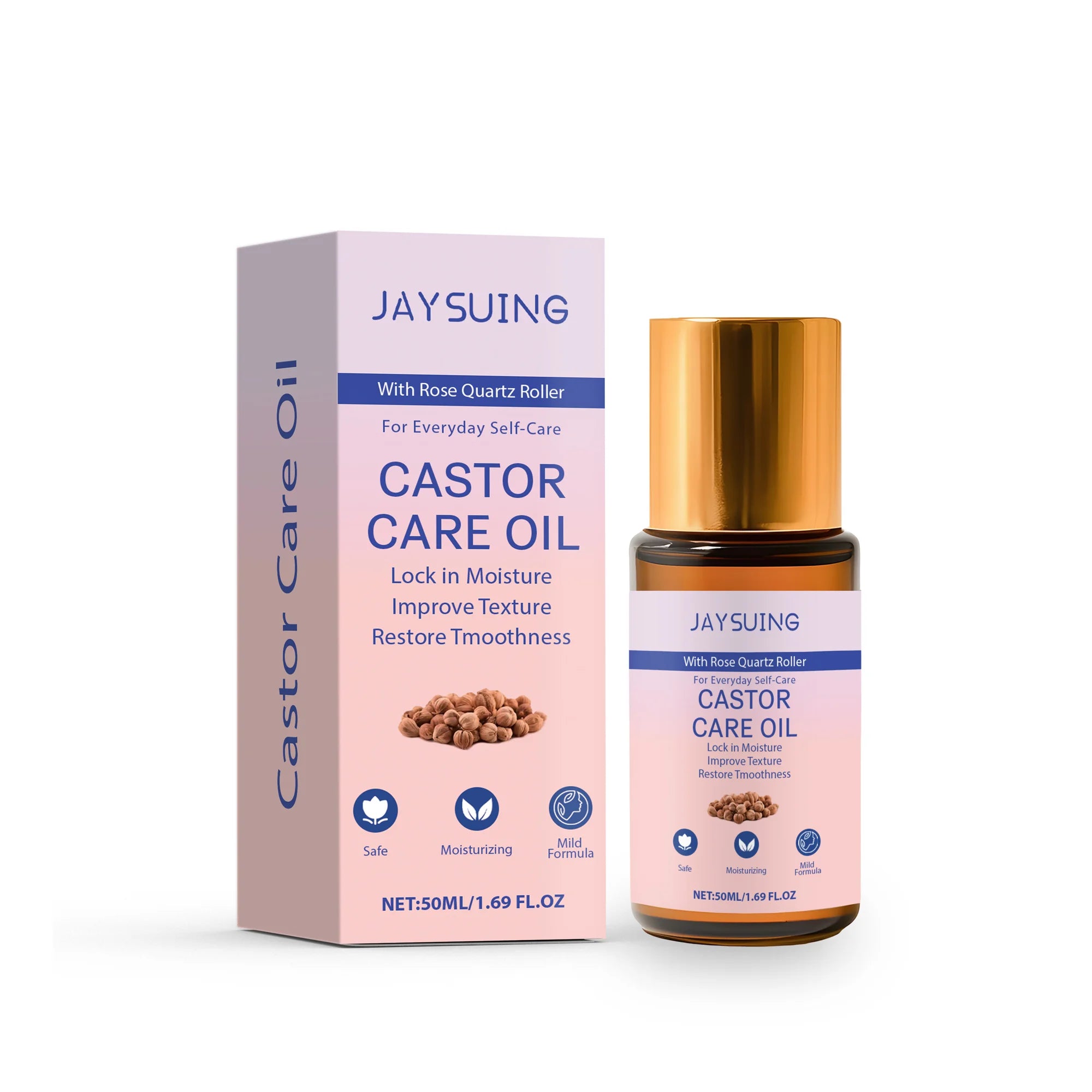 Organic Castor Oil Rose Quartz Roller – Skin & Hair Care Castor Oil Roller Zpaxo 50ml boxed