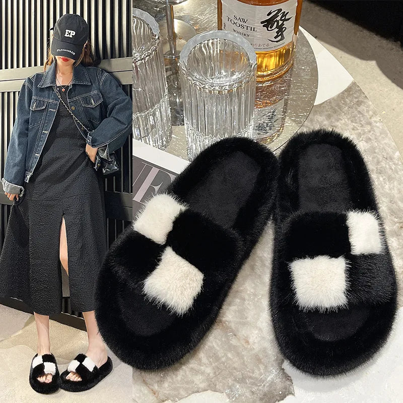 Women's Block Cross Strap Fluffy Fur Slippers Thick Platform Soft