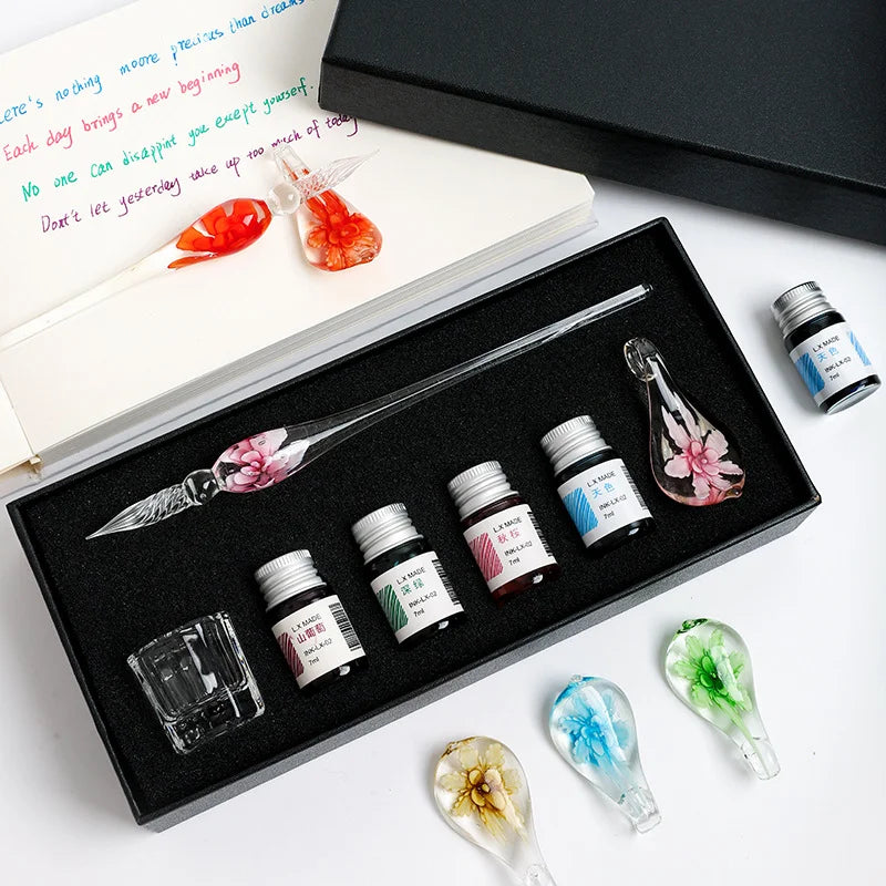 Flower Crystal Glass Dip Pen Set – Elegant Gift for Writers