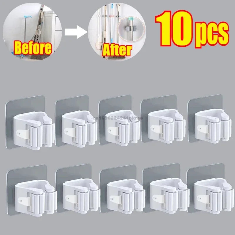 Self-adhesive Mop Holder Broom Stand Wall Mounted Mop Support Sweeping Brush Hook Storage Organizer Bathroom Kitchen Accessories Zpaxo 10pcs-White
