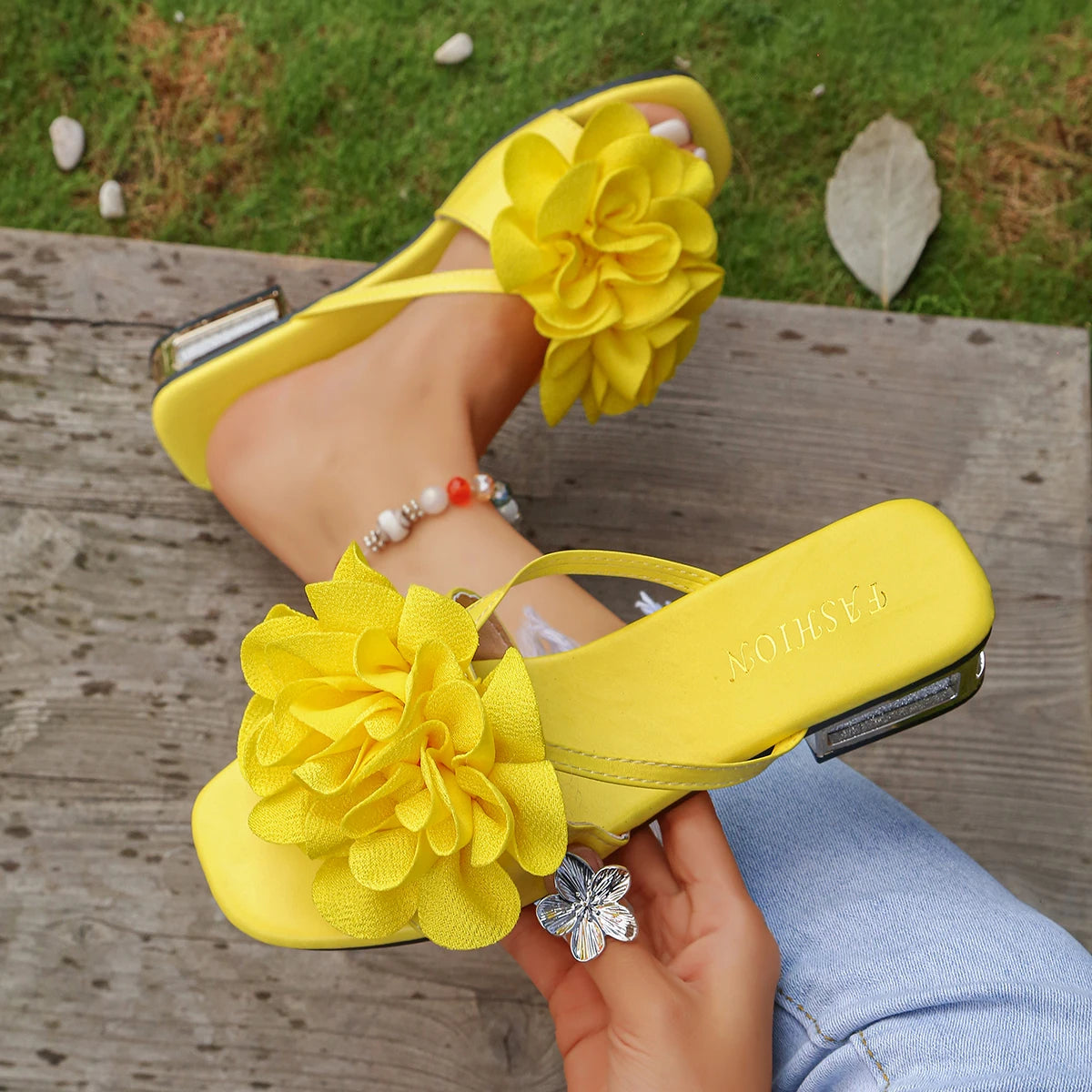Women Sandals Summer Large Size Fashion Slippers Floral High Heel Open Toe Sandals Women Casual Retro Female High Heel Shoes Zpaxo YELLOW 37