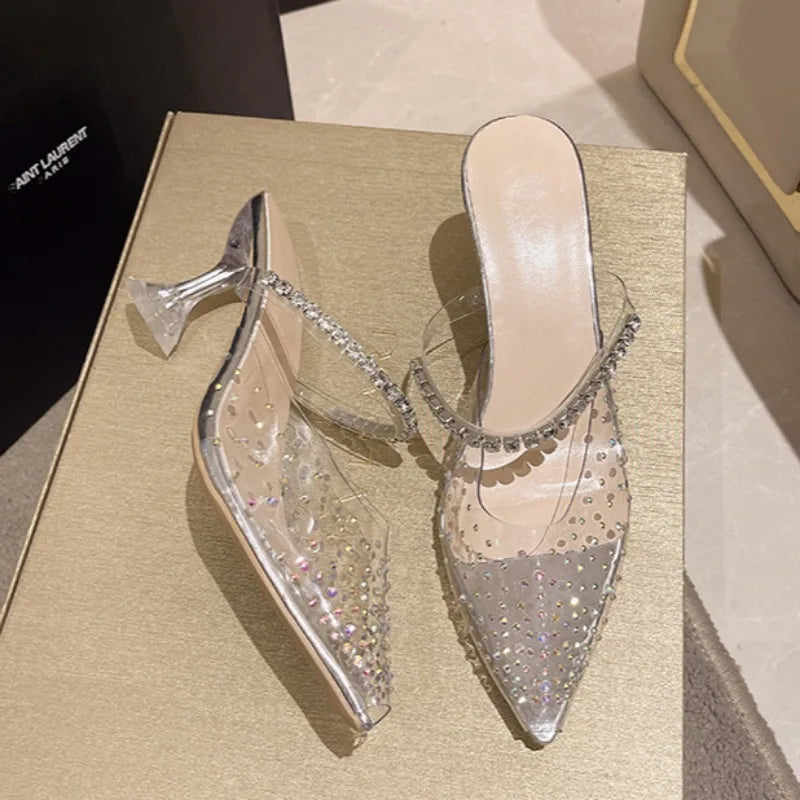 2025 Spring New Brand Women Slipper Pointed Toe Slip on Ladies Mules Thin Low Heel Outdoor Dress Sandal Shoes Zpaxo Silver 35