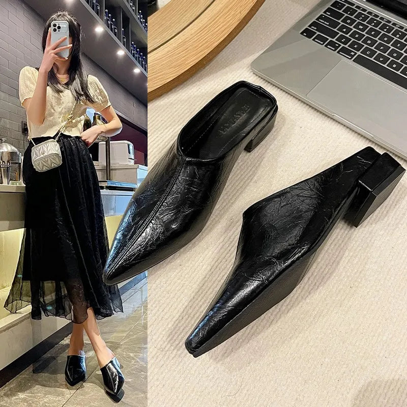 Heels Simple Women's Baotou Half Slippers Pointed Summer Dress Slide