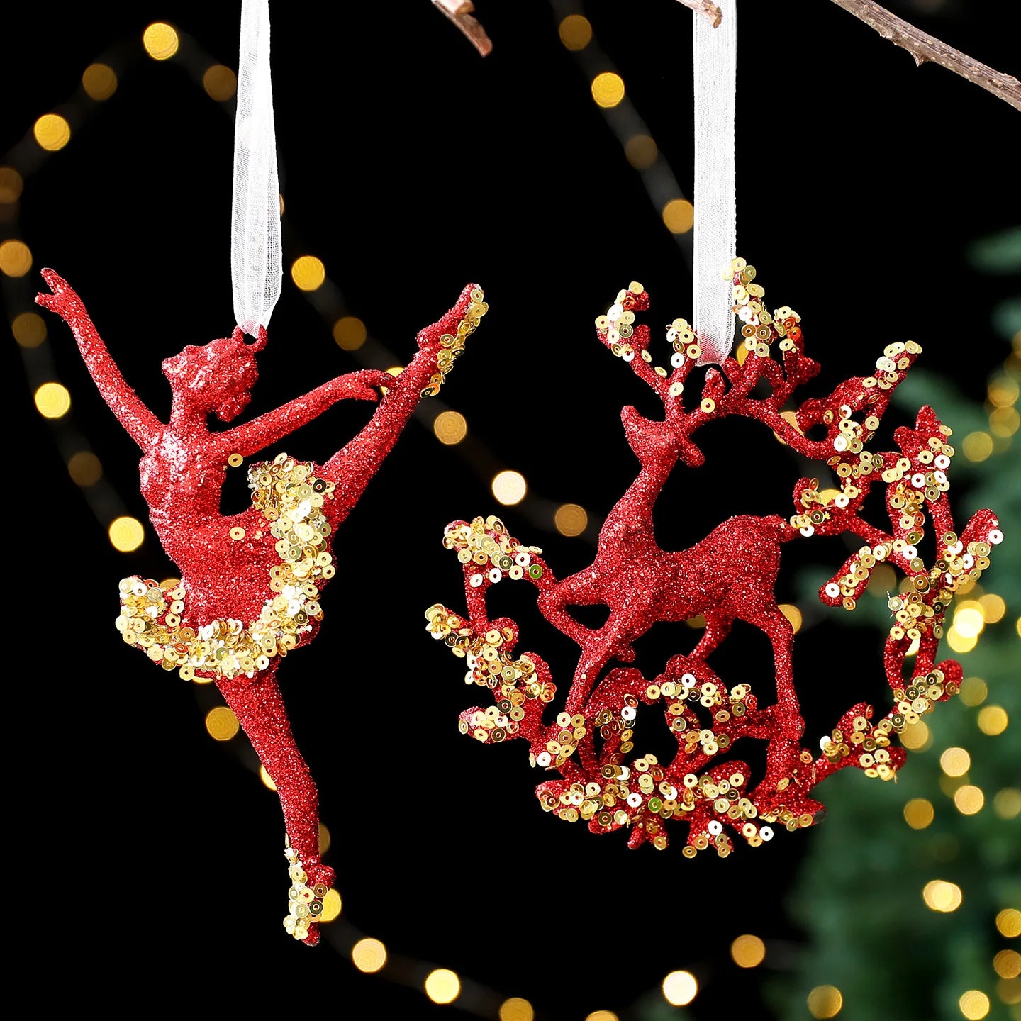 Red Glitter Christmas Pendant – Snowflake & Bow Tree Ornament