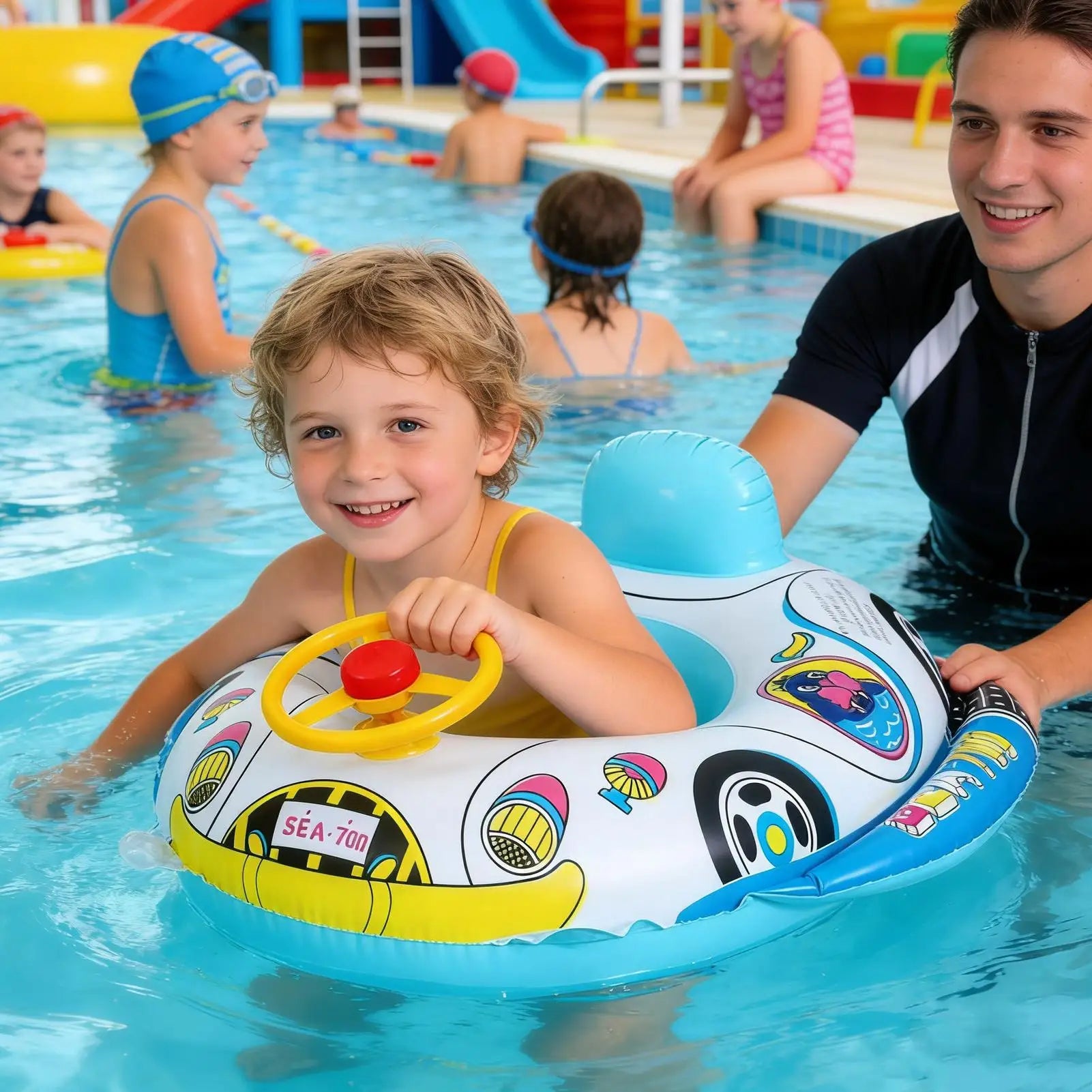 Inflatable Baby Kids Pool Float Steering Wheel Backrest Floating