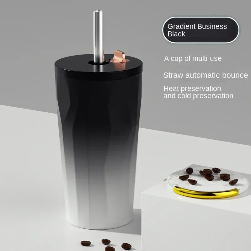 New 600ml Fashion Gradient Coffee Cup Portable Stainless Steel Water Cup with Straw Heat and Cold Insulation Coffee Gift Cup LIY Zpaxo black 600ML