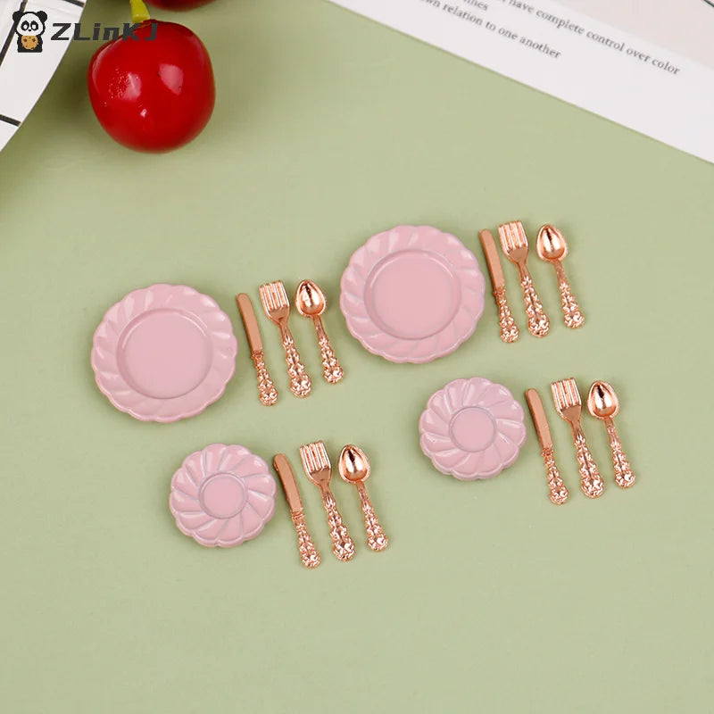 ▶1:12 Dollhouse Decor Toy with Utensils (Knife Fork Spoon Plate Set )-Kitchen Furniture Scene Model & Miniature Decorative Gift Zpaxo
