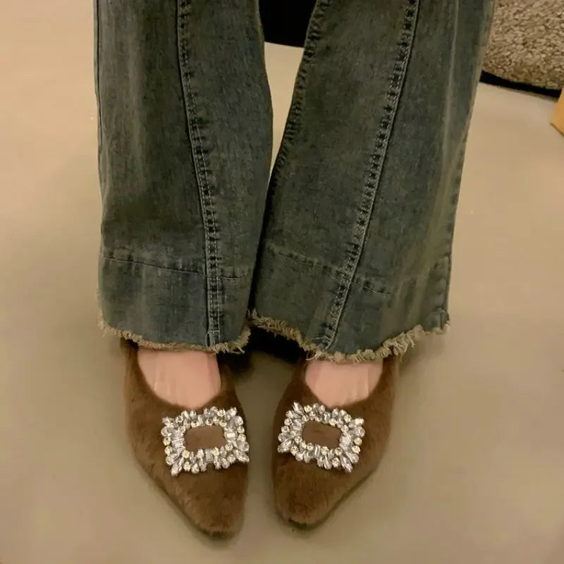Flat Shoes for Women's Autumn Winter Rhinestone Pointed Toe Hairy Shoes Outerwear Plus Velvet Plus Plus Large Size Cotton Shoes Zpaxo