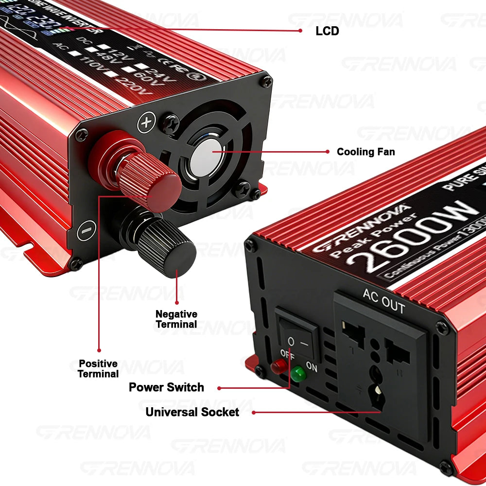 GRENNOVA Real 2600W Pure Sine Wave Inverter 1300W Peak DC 12V/24V/48V/60V/72V to AC Voltage Transformer with LCD Display & Fan Zpaxo