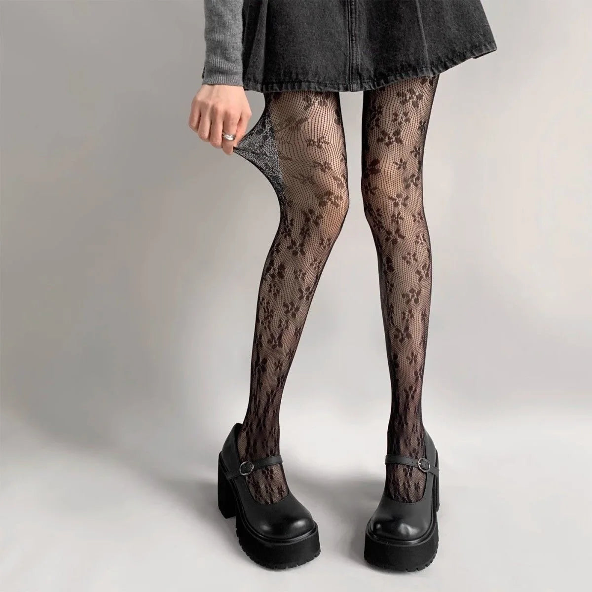 Sexy Hollowed Lace Mesh Stockings Bottom Pantyhose Lolita Retro Zpaxo black One Size