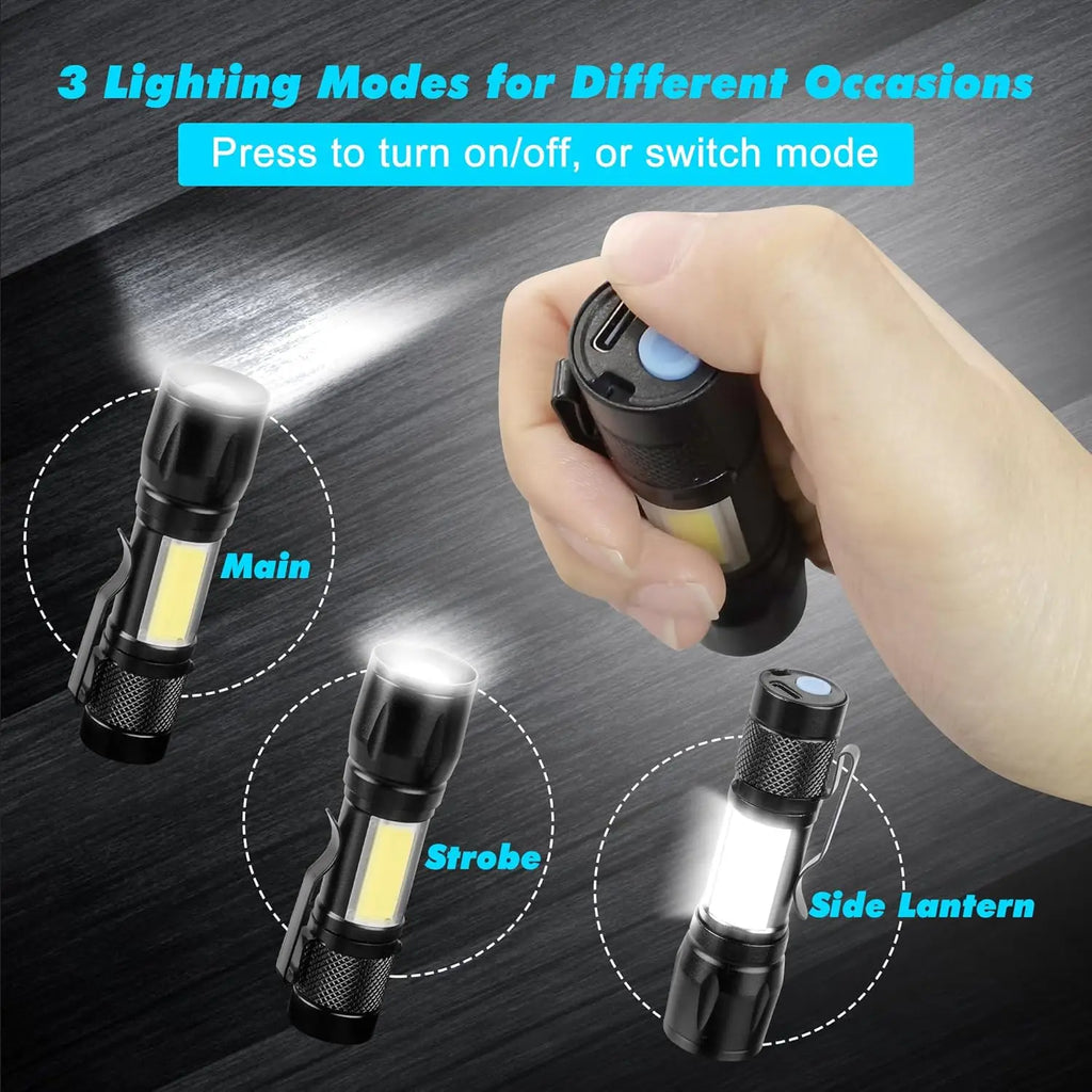 COB+XPE Mini LED Pocket Flashlight | USB Rechargeable Zoomable Torch