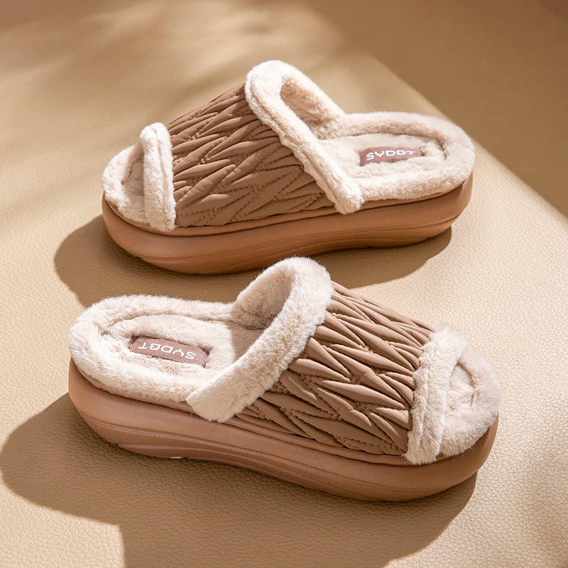 Winter Quilted Furry Open Toe Slippers Unisex Men Women Thick Sole