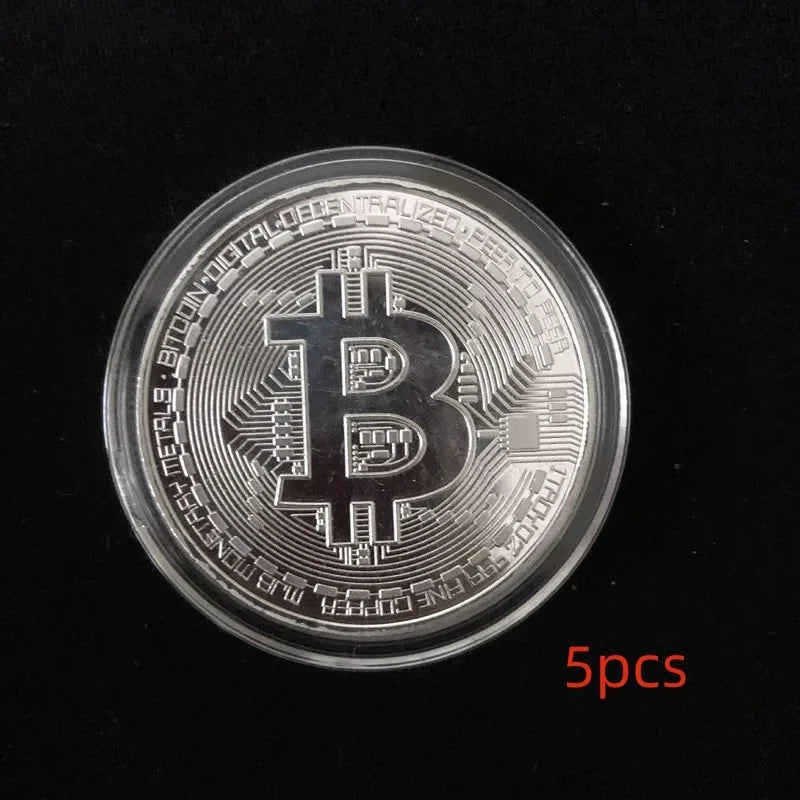 1/5pcsGold Plated Bitcoin Coin Collectible Casascius Bit BTC Art Collection Gift Physical Commemorative Metal Antique Imitation Zpaxo Silver-5pcs