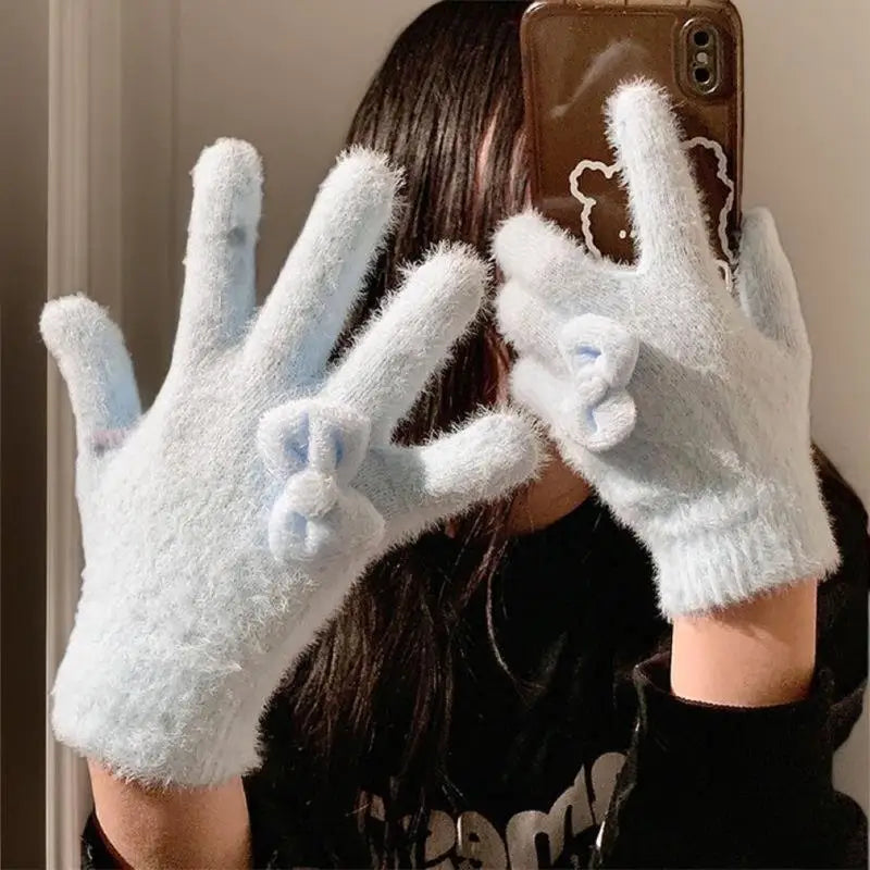 Charming Plush Gloves Bow Detailing Keep Warm Winter Stylish Women Zpaxo