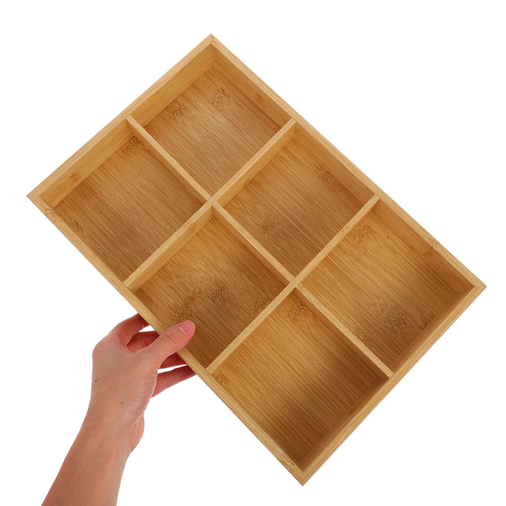 Bamboo Divided Tray 6 Section Grid Organizer Art Supplies Crayons