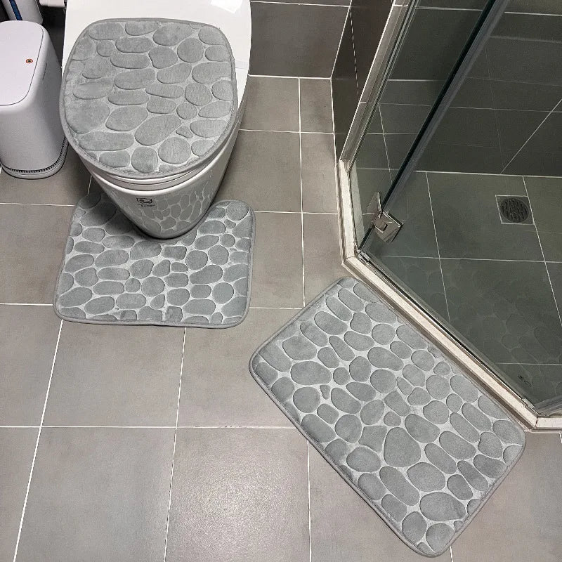 3PCS Solid Color Simple Bathroom Water-absorbing and Non-slip Floor Mat Stone Pattern, Comfortable and Soft, Three-piece Set Zpaxo Grey Three piece set