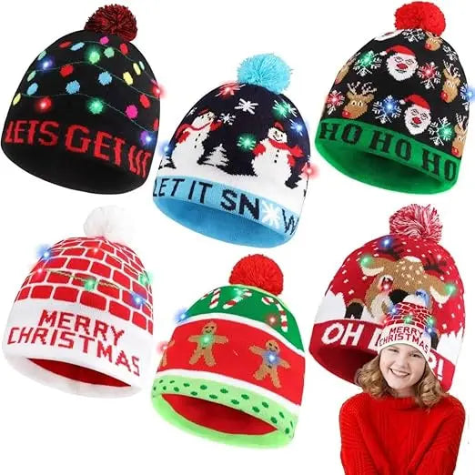 Glowing Christmas LED Santa Hat Battery Operated Flashing Knit Beanie