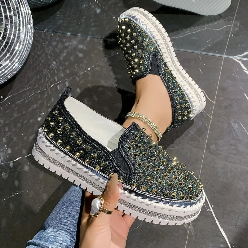 Lazy Seal Bling Women Flats Shoes Lovers Rivets PU Leather Loafers Zpaxo green 43