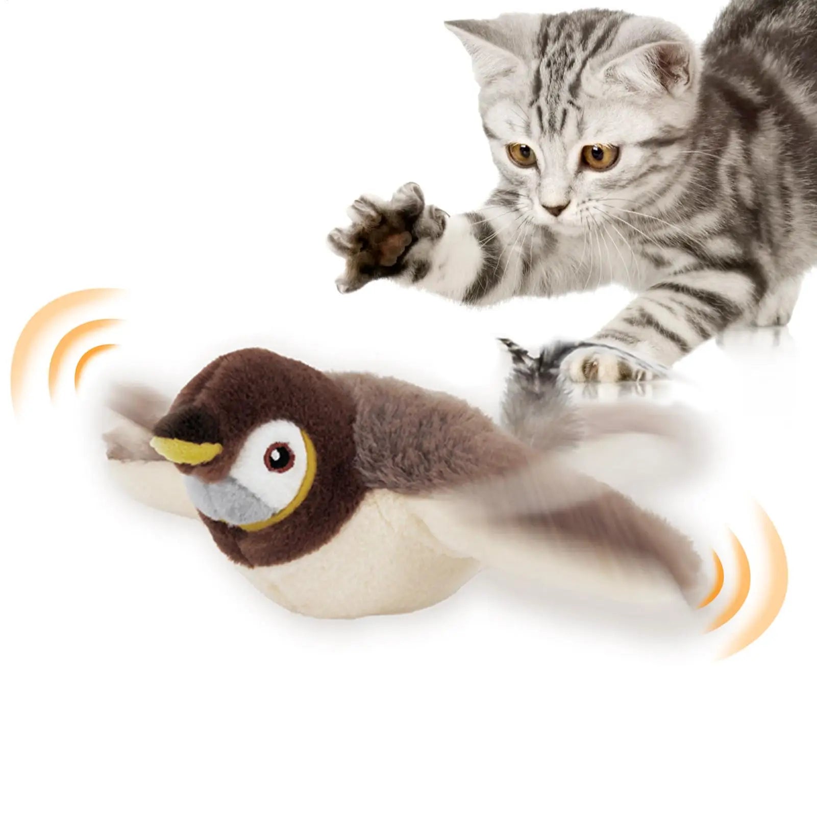 Bird Cat Toys for Indoor Cats Sparrow Plush Toys Touch Activated Flapping Wings Kitten Toys Vivid Chirping Rechargeable Zpaxo