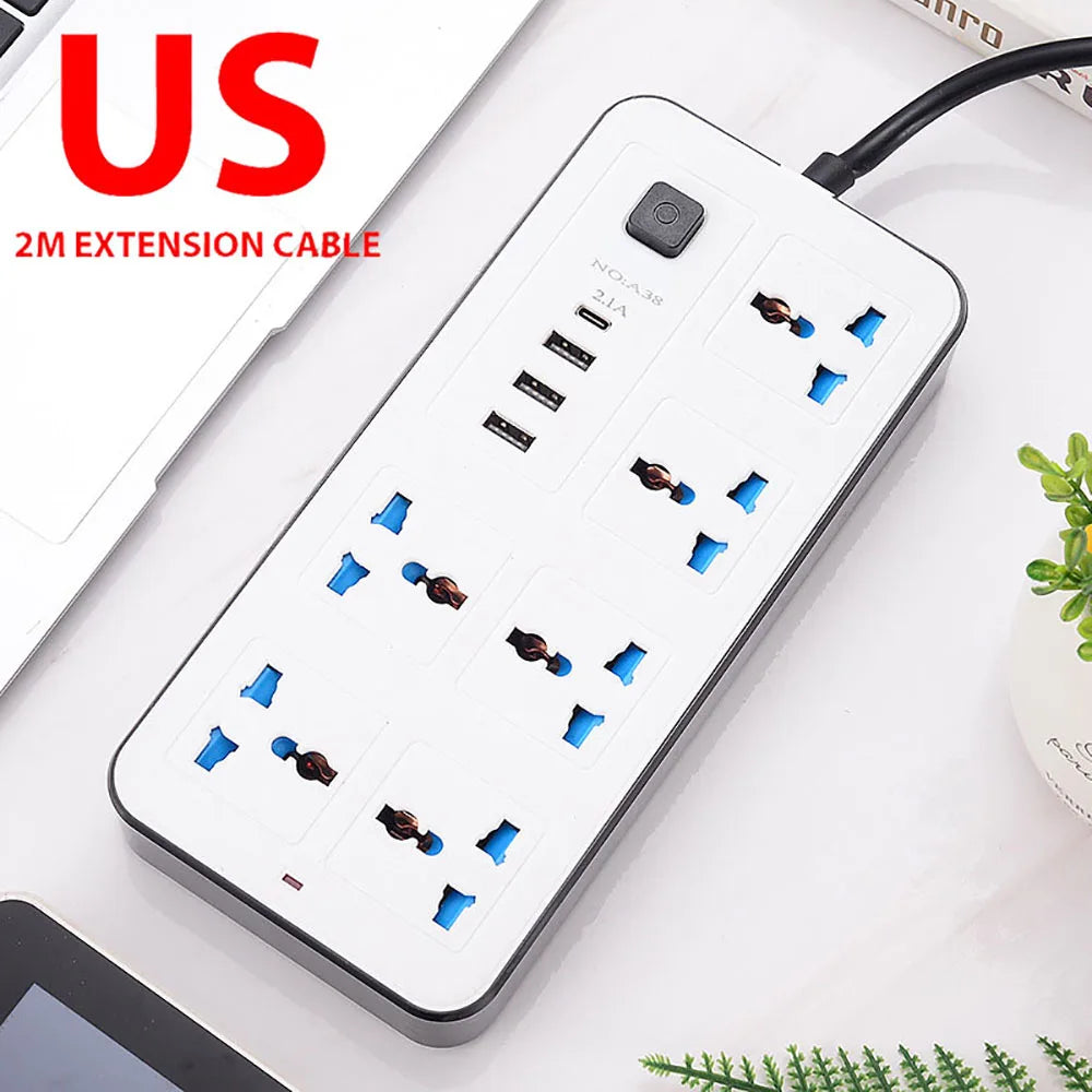Universal Power Strip TypeC USB Port Outlet Power Strip 2M Extension Cord AC Power Socket Charge Electrical Socket EU US UK Plug Zpaxo White US