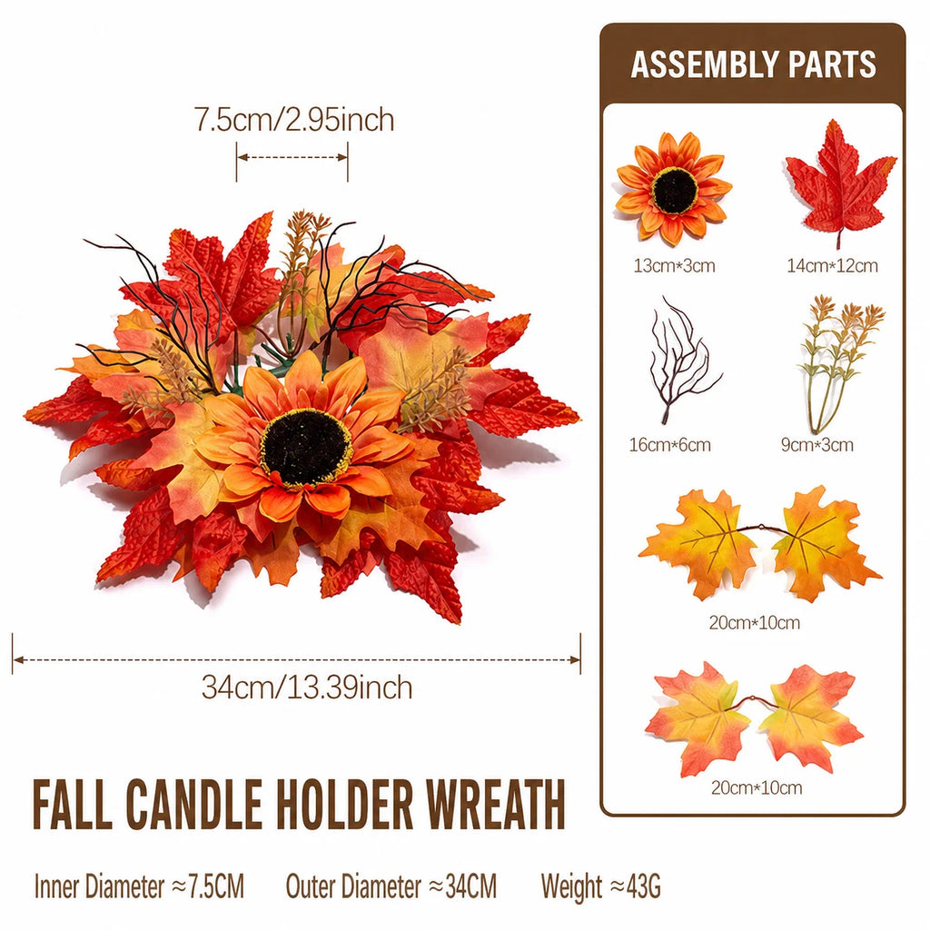Fall Sunflower Maple Candle Ring Wreath | Artificial Autumn Decor