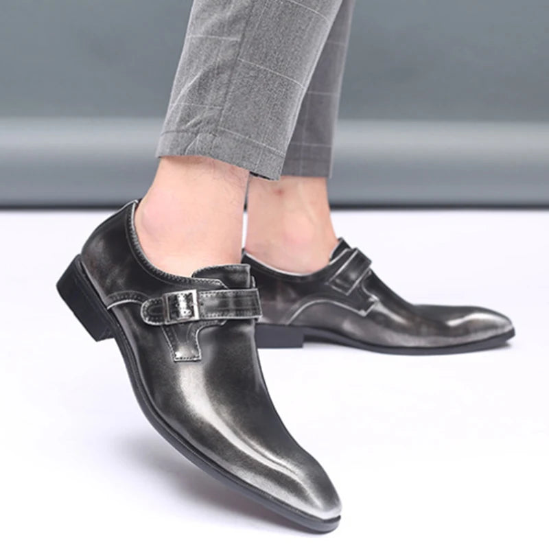 Pointed Toe British Men's Leather Shoes Buckle Low Heel Single Large Zpaxo