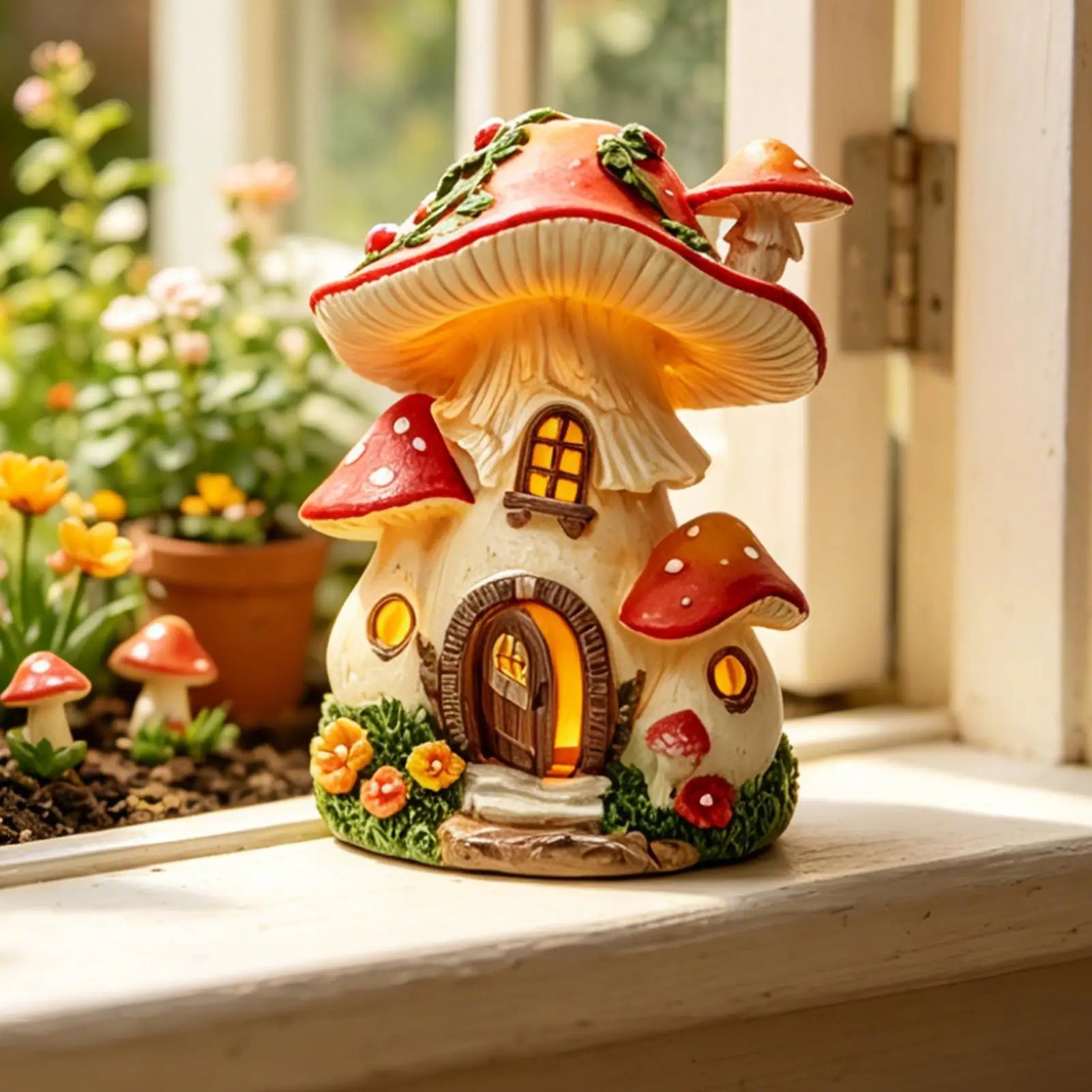 Solar Mushroom Garden Statue Resin Landscape Figurine Lamp Fairy