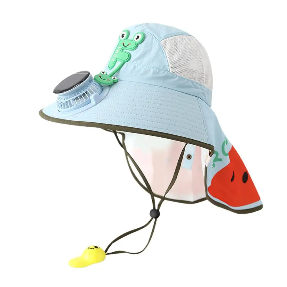 Kids Solar & USB Charging Fan Sun Hat Summer Breathable Mesh, Wide Brim UV Protection Sun Hat for Boys and Girls with Neck Cover Zpaxo Blue