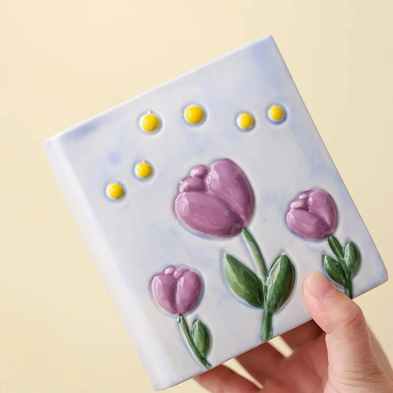 Tulip Ceramic Pen Holder Book-shaped 3D Relief Storage Makeup Brush