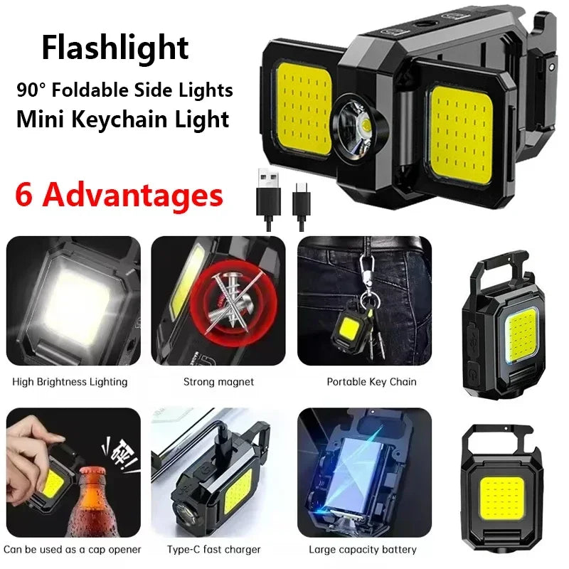 COB LED Keychain Flashlight – 90° Foldable Rechargeable Work Light