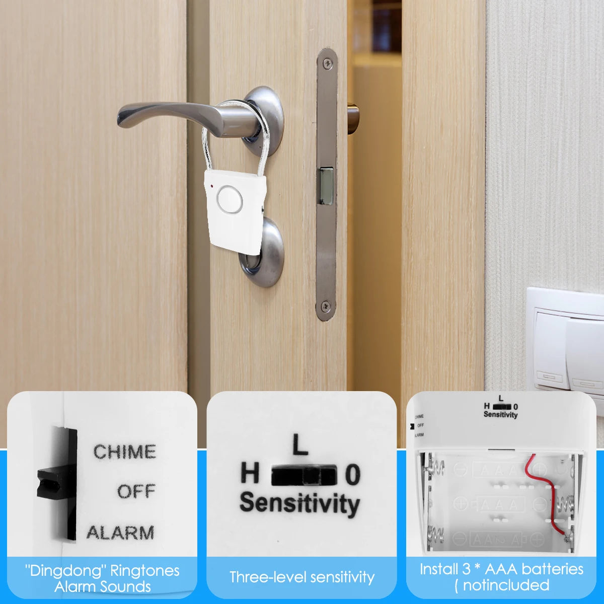 Smart Door Handle Alarm 110dB Door Security Alarm with Adjustable Settings Portable Window Alarm Ultra-Slim Detector for Travel Zpaxo