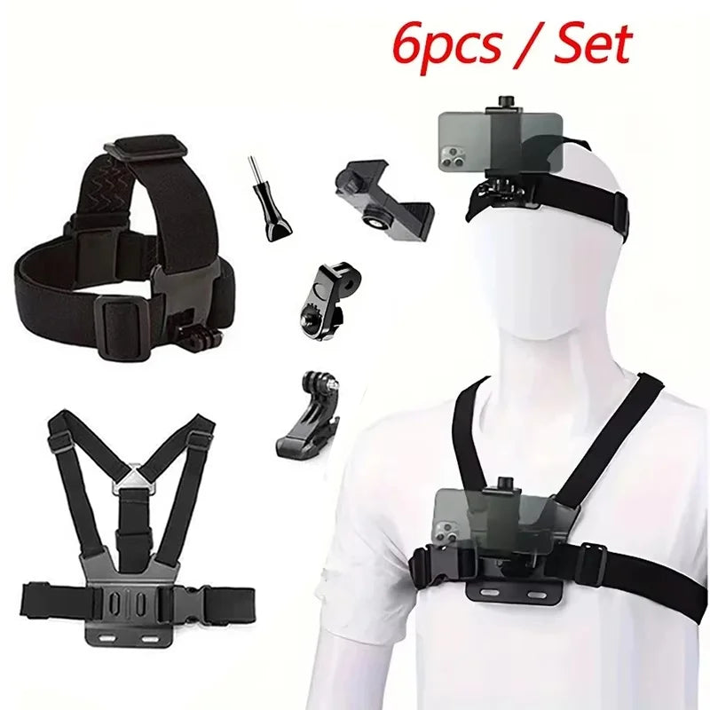 All-In-One 6pcs Action Camera Kit Head Strap Chest Straps Mount Adjustable Rotatable Phone Holder For GoPro Phone Osmo Insta 360 Zpaxo