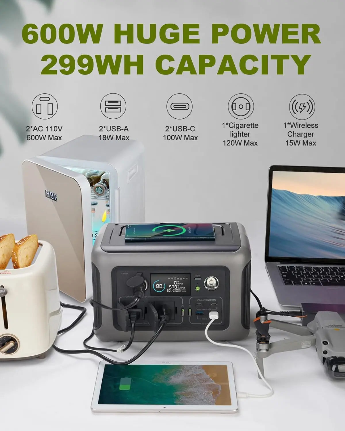 ALLPOWERS R600 Portable Power Station 299Wh LiFeP04 Battery 600W Zpaxo
