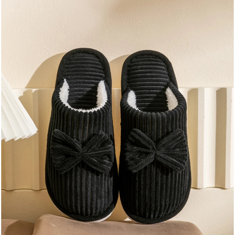 Fashion Women's Bow Slippers Fall Winter Indoor Bedroom Floor Zpaxo black 36-37