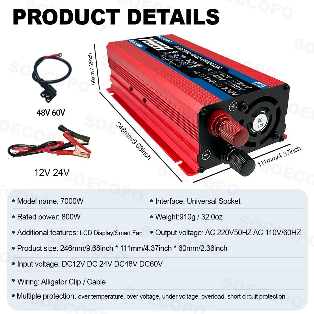 7000W Pure Sine Wave Inverter 12V/24V/48V/60V to 110V/220V AC Output for 12V Home, RV Off-Grid System Zpaxo