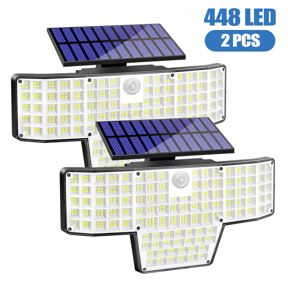 1/2 Packs 448 LED Solar Powered Security Lights Motion Sensor 3 Modes IP65 Waterproof Outdoor Wall Flood Lights for Garden Yard Zpaxo 448LED 2PCS