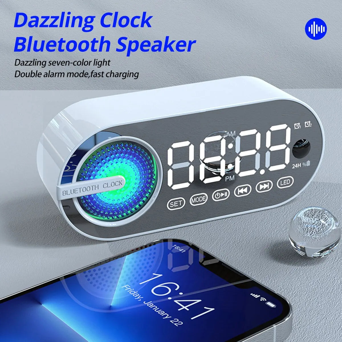 USB Charging Radio Alarm Clock RGB Portable Bluetooth Speaker FM Large Display Mute Mirror Digital Bedroom Room Office Decktops Zpaxo