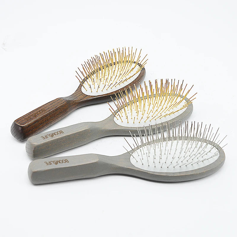 BOOMSLIFE Personalized Logo Metal Needle Wood Hair Brush For Women Hair Detangling Metal Pin Comb Massage Scalp Hair Comb Zpaxo