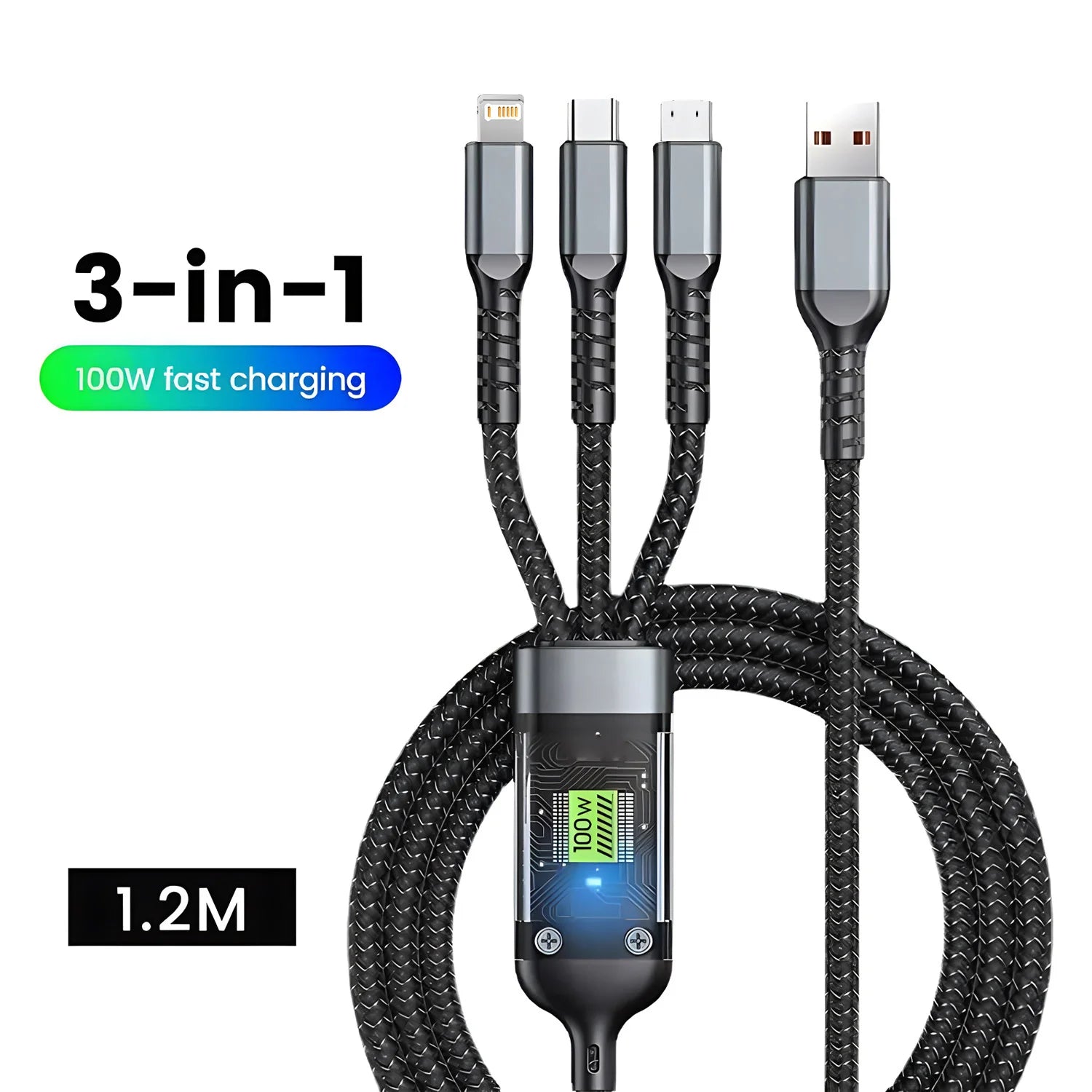 3-in-1 USB 100W 6A Fast Charger Cable Car Type-c Micro LIGHTNING