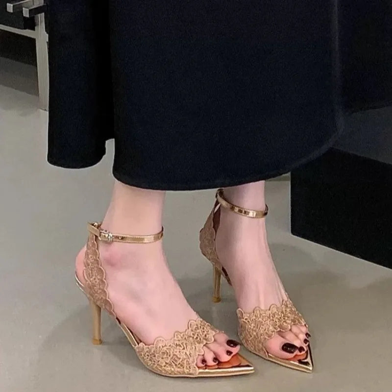 Luxury Lace Embroidery Sandals Women S Sexy Pointed Toe Heels Elegant Zpaxo champagne 34