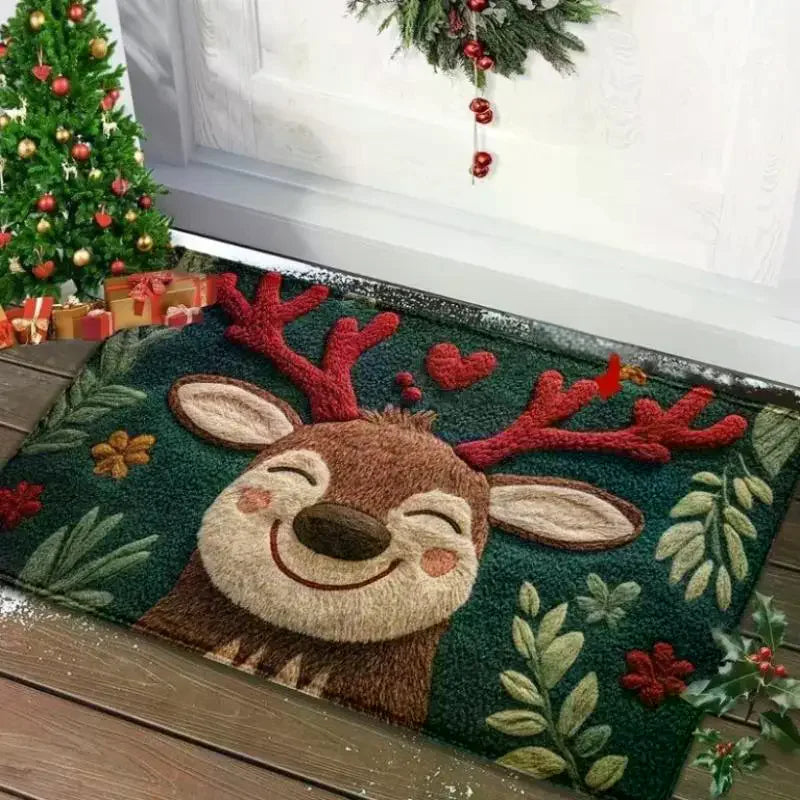 Christmas Deer Fluffy Microfiber Bath Mat - Quick-Dry & Absorbent Festive Holiday Design With Red Berries & Green Leaves Zpaxo