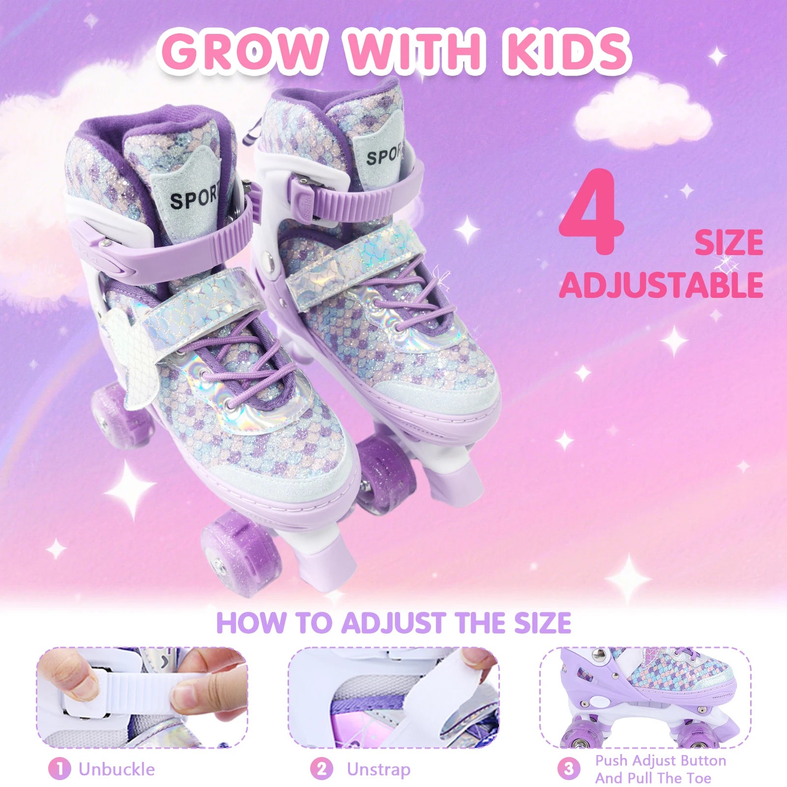 Kids Roller Skates Adjustable Flashing Wheel ABEC Bearing Triple