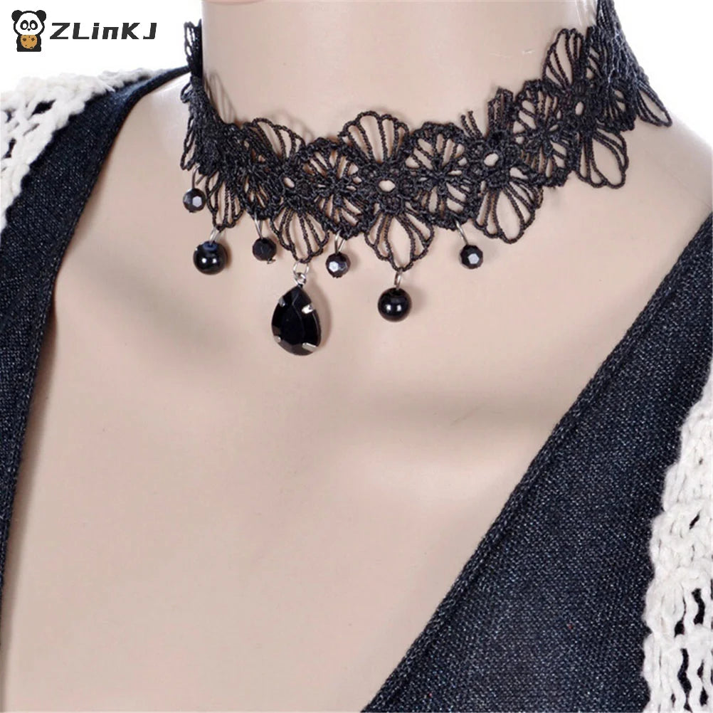 ▶1PCS Gothic Black Lace Retro Choker Collar Flower Pendant Necklace Jewelry Zpaxo