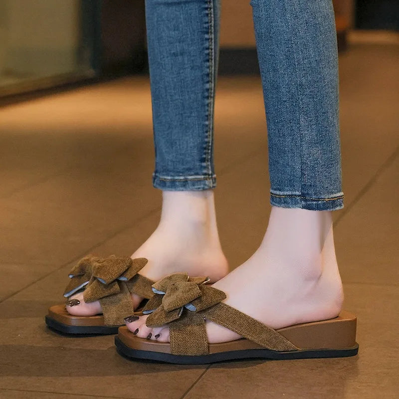Women Summer Square Open Toe Fashionable Elegant Comfortable Bow Zpaxo