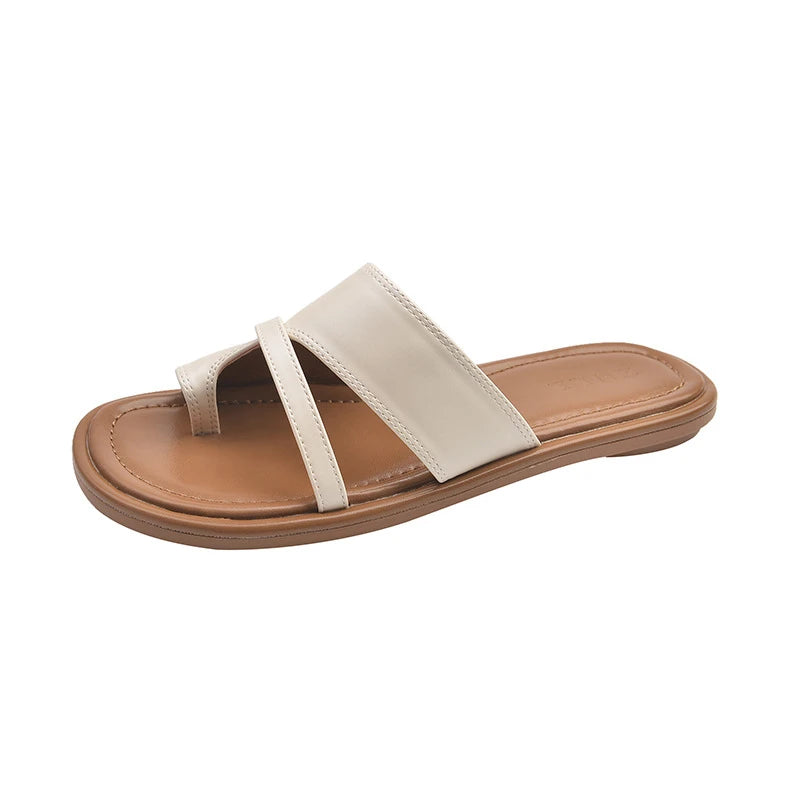 Toe Loop Slide Sandals Flat Heel Casual Summer Slippers Silver Beige Zpaxo