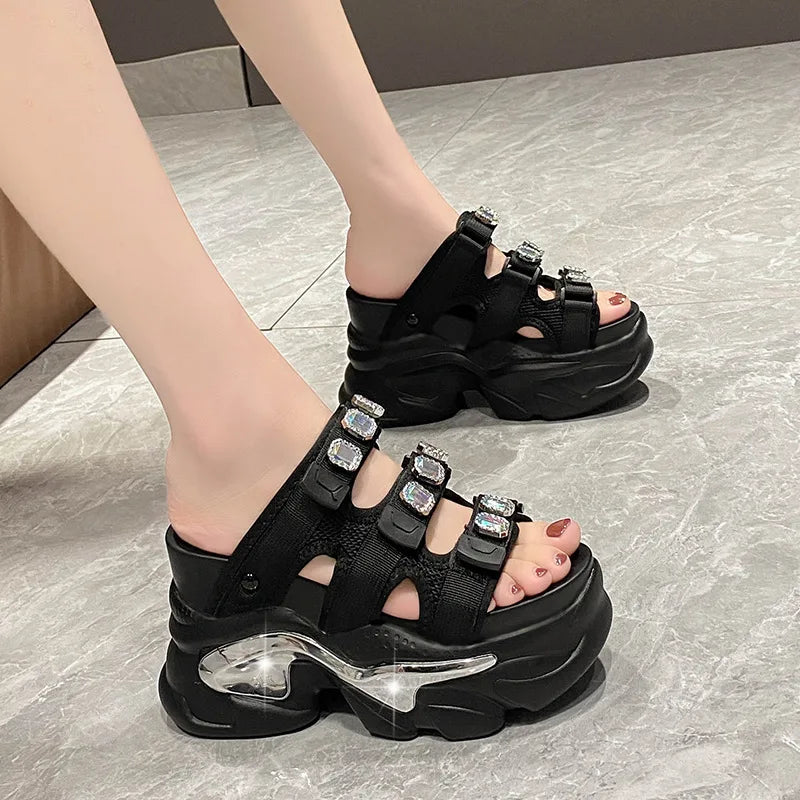 European Rhinestone Buckle Thick Bottom Higher Slope Heel Sponge Cake Zpaxo