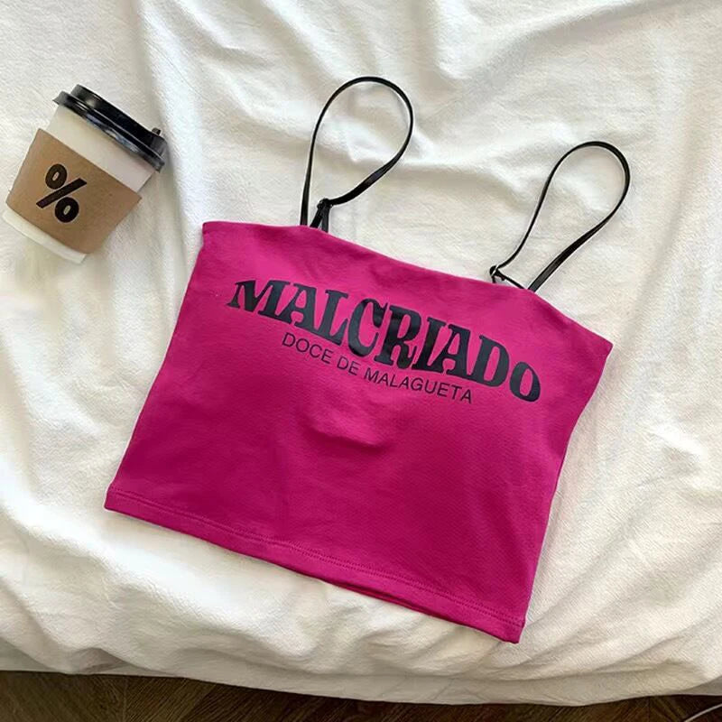 Sexy Crop Tops Women Summer Shirring Sleeveless Slim Camis Tops Bodycon With Chest Pad Letter Fashion Casual Soft Tops Female Zpaxo rose red Uniform size